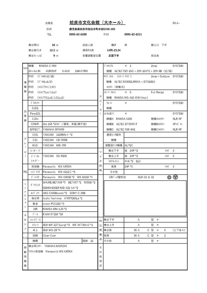 舞台音響設備リスト(大ホール)