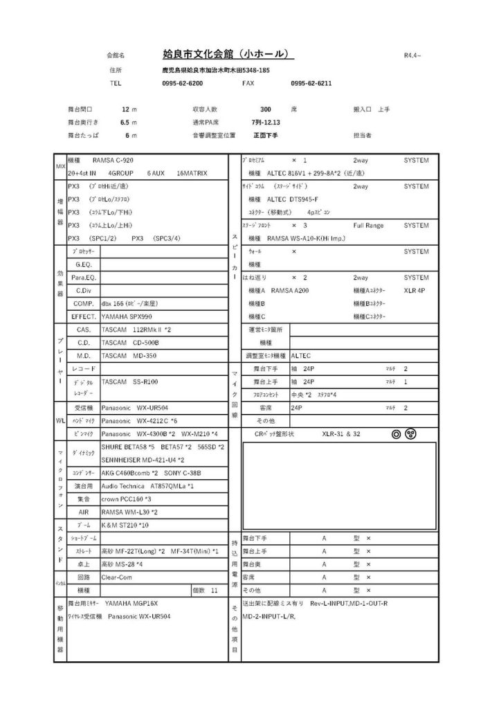 舞台音響設備リスト(小ホール)