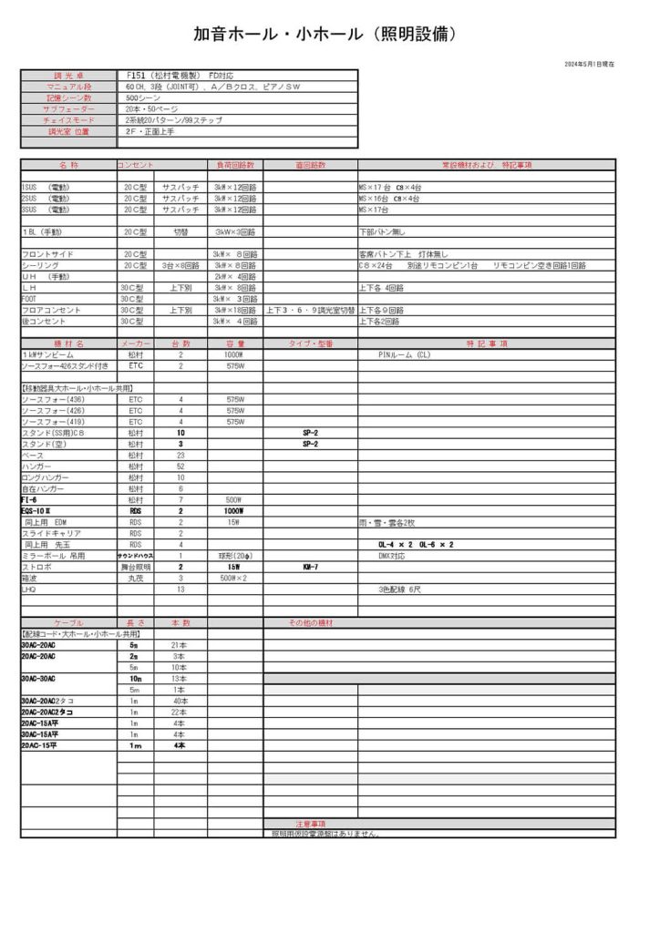 舞台照明設備リスト(小ホール)